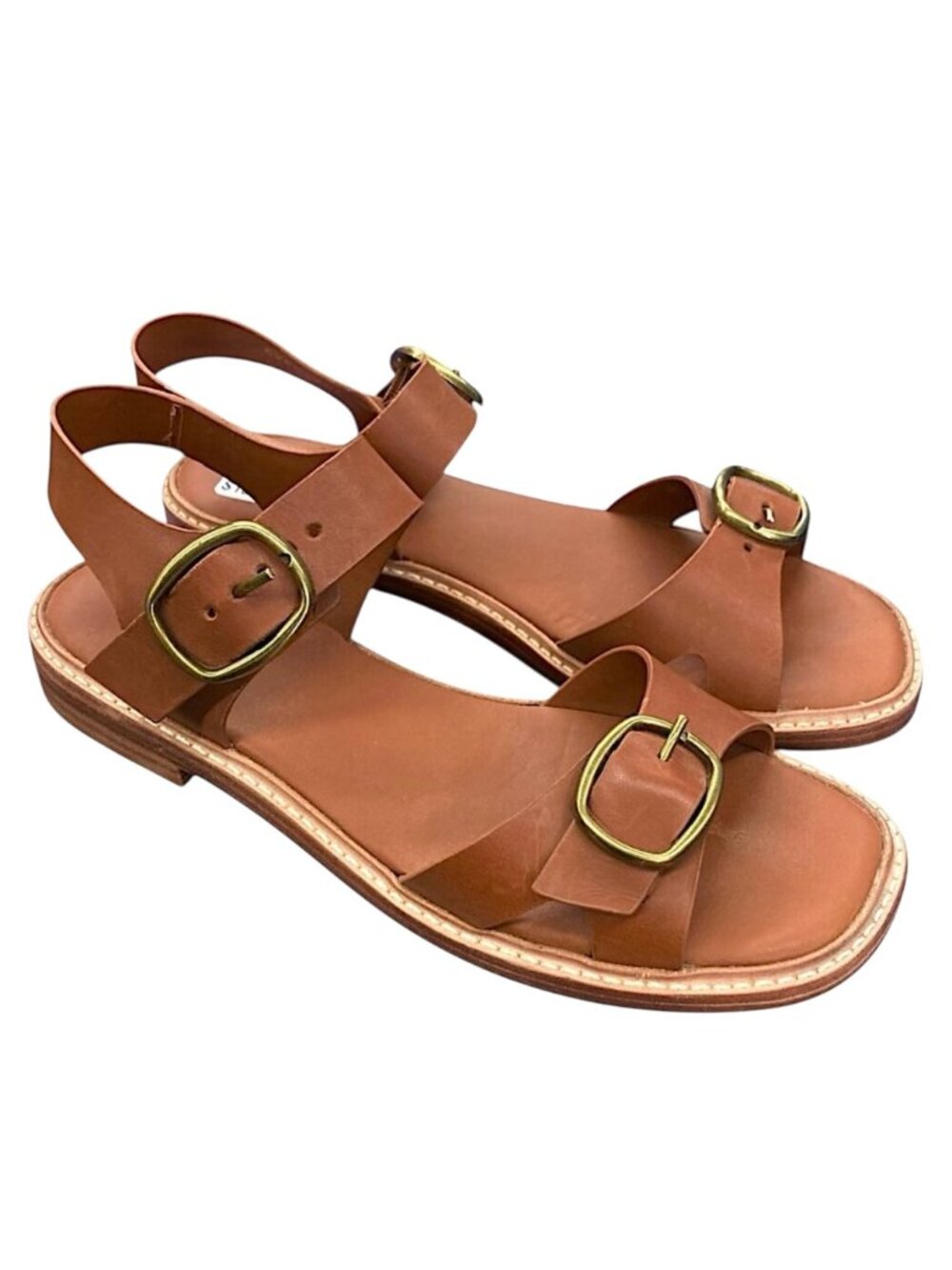 EVERLANE The Twin Buckle Leather Sandals Block Heel Retro 70s Brown